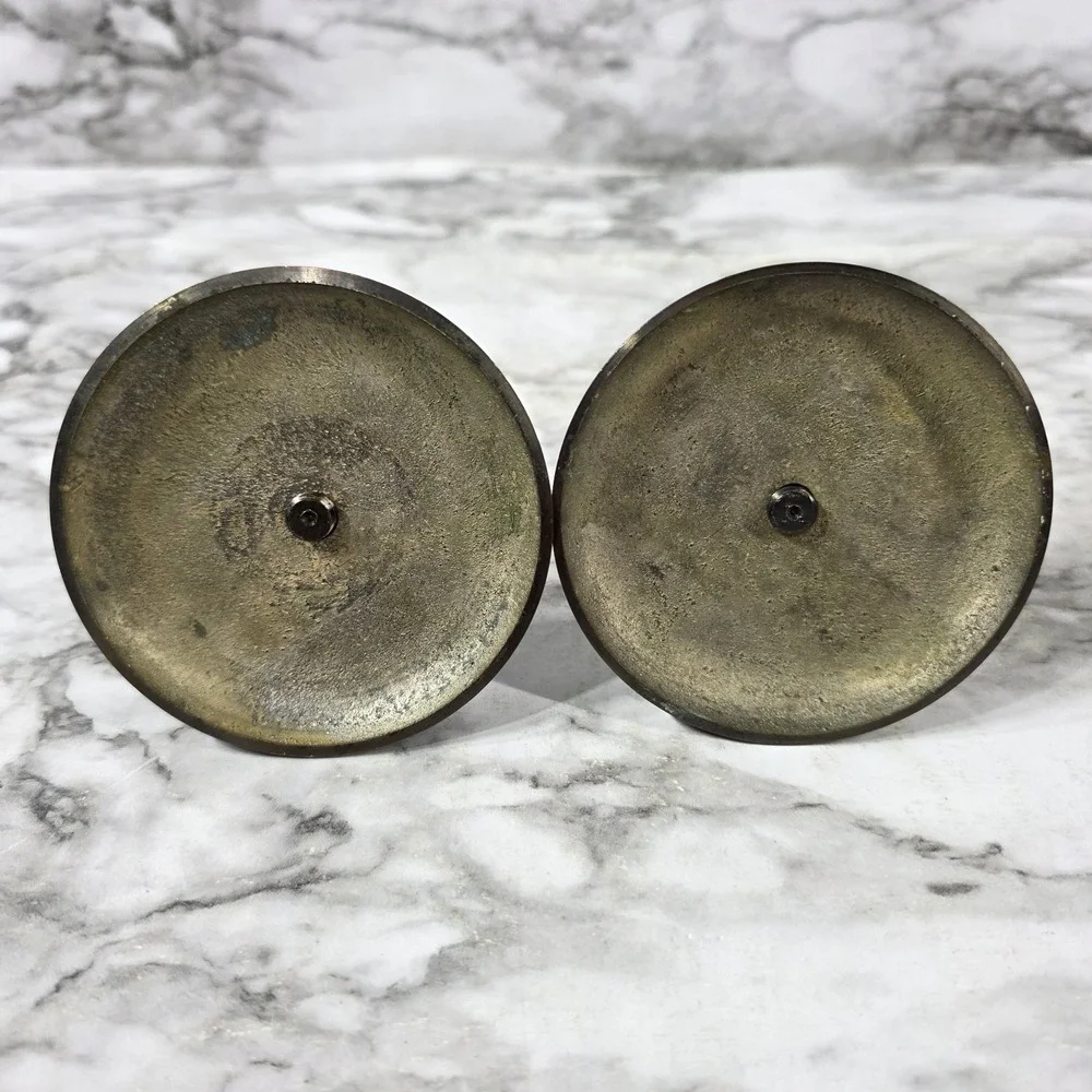 Vtg Pair Japanese brass bud vases featuring an etched pagoda and mountain scene
